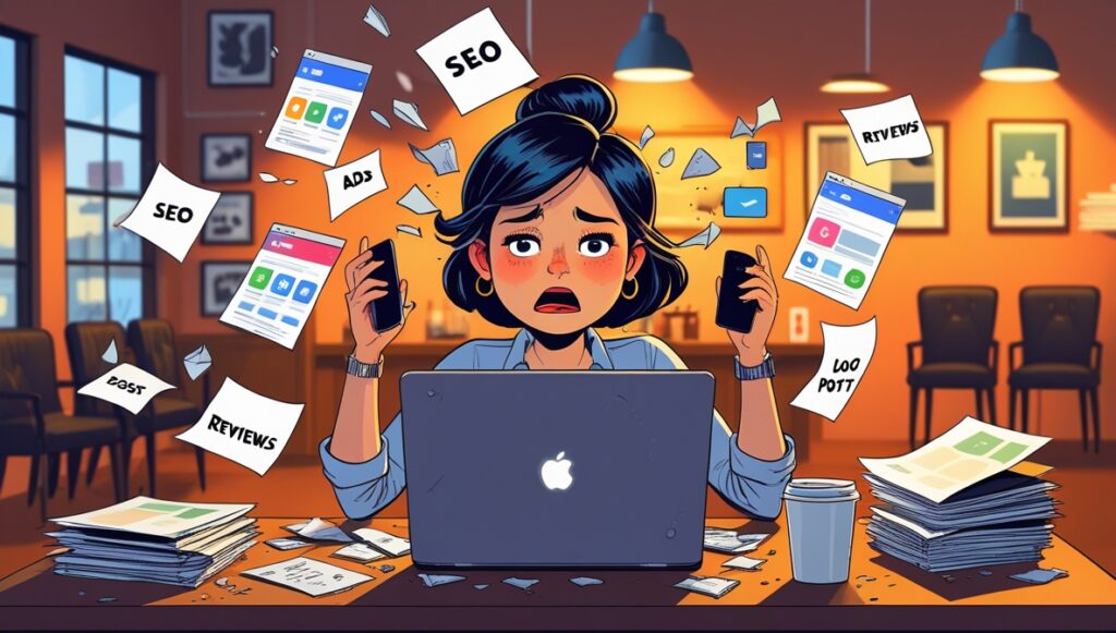 A small business owner surrounded by chaos, trying to handle multiple tasks at once. creative biz marketing, llc