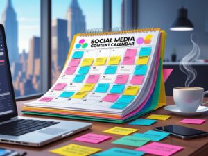 Colorful social media content calendar on a desk with sticky notes, laptop, smartphone, and coffee cup, illustrating planning and scheduling for small business marketing in New York.