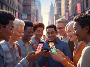 Diverse group of New Yorkers looking at a smartphone, liking and commenting on posts, happy and engaged, city street background, natural daylight,
