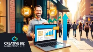 Small business owner smiling in front of shop with laptop showing blog post and SEO growth charts — representing how Creative Biz Marketing’s local SEO blog writing service helps small businesses get found and increase foot traffic.